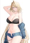  1girl absurdres anientte black_bra blonde_hair blue_eyes blue_jacket blue_shorts bra breasts diamond-shaped_pupils diamond_(shape) highres jacket large_breasts long_hair midriff navel original shorts smile solo stomach symbol-shaped_pupils underwear wet 