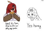 absurd_res avian beak black_beak blue_eyes breasts brown_wings decidueye duo fan_character feathers female generation_7_pokemon hair hi_res human long_hair male male/female mammal meme nintendo pokemon pokemon_(species) quake-1 rachel_(vinael) red_hair text wings