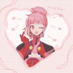  1girl fire_emblem fire_emblem:_three_houses gloves hair_bun highres hilda_valentine_goneril meshi_of_umai one_eye_closed pink_eyes pink_hair pointing pointing_at_self red_gloves smile solo 