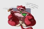 2024 anthro belly big_belly black_nose bulge butt clothing dialogue domestic_cat dreamywolfdd english_text felid feline felis goro_(mappy) hi_res male mammal mappy moobs necktie overweight overweight_male red_body simple_background smoking solo text underwear