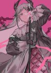  1girl arknights arm_up black_jacket capelet closed_mouth earrings grey_eyes grey_hair highres holding holding_sword holding_weapon irene_(arknights) jacket jewelry long_hair long_sleeves loveanddispute pink_background puffy_long_sleeves puffy_sleeves simple_background skirt solo sword very_long_hair weapon white_capelet white_skirt 