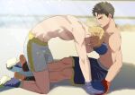  2boys ao_isami black_hair blonde_hair boxing_gloves facial_hair highres kneeling lewis_smith looking_at_another male_focus multiple_boys sako_(oyatutabero) shorts sideburns_stubble stubble sunlight sweat thick_eyebrows toned toned_male topless_male white_shorts wrestling_outfit yuuki_bakuhatsu_bang_bravern 