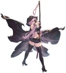  1girl ass back black_cloak black_footwear black_shorts black_thighhighs blue_eyes breasts cloak draph from_behind granblue_fantasy granblue_fantasy_versus:_rising high_heels highres holding holding_sword holding_weapon horns large_breasts long_hair looking_at_viewer narmaya_(granblue_fantasy) narmaya_(the_black_butterfly)_(granblue_fantasy) official_alternate_costume official_art pink_hair short_shorts shorts solo sword thighhighs transparent_background weapon 