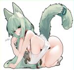  1girl absurdres all_fours alternate_costume animal_ear_fluff animal_ears arknights breasts cat cat_ears cat_girl cat_tail fang full_body green_eyes green_hair hanging_breasts harmonie_(arknights) highres large_breasts naxius_noxy oversized_clothes oversized_shirt paw_pose shirt skin_fang sleeveless sleeveless_shirt tail tail_ornament tail_ring white_background white_shirt 