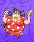  1girl absurdres alternate_design breasts cake cake_slice charlotte_linlin concept_art fat food full_body grin highres holding holding_cake holding_food large_breasts old old_woman one_piece prototype_design smile solo standing tengukiarts watermark wrinkled_skin 