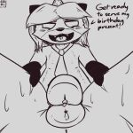  2022 anthro autumn_(mr._fox) birthday birthday_hat birthday_sex blush bodily_fluids canid canine clothing duo echonioni empty_eyes fangs first_person_view fox frottage genital_fluids hair imminent_sex leg_grab looking_at_viewer male male/male mammal monochrome mostly_nude navel necktie open_mouth open_smile precum sex signature simple_background smile smug submissive submissive_pov sweat thigh_grab tongue 