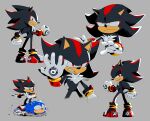  2boys absurdres animal_ears artist_name catrage_miau clenched_teeth furry furry_male gloves grey_background highres looking_at_viewer multiple_boys multiple_views red_eyes shadow_the_hedgehog shoes signature simple_background sonic_(series) sonic_the_hedgehog standing_on_person teeth white_gloves 