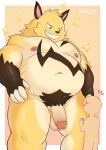 2024 absurd_res anthro balls belly black_nose blush duo genitals grizzbolt hi_res kemono male moobs navel nipples overweight overweight_male pal_(species) palworld penis simple_background size_difference starfire_f yellow_body