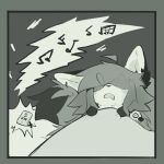 alarm_clock anthro bed_sheet bedding black_background black_nose border bushberry_(tobydoge) canid canine clock electronics eyeless female fox grey_border hair hi_res long_hair mammal musical_note phone simple_background sleeping solo tail tobydoge
