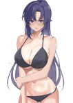  1girl absurdres alternate_costume bikini black_bikini blue_archive breasts commentary facial_tattoo highres large_breasts long_hair looking_at_viewer navel purple_hair simple_background solo star_tattoo stomach swimsuit tattoo white_background yamashi_e yuuka_(blue_archive) 
