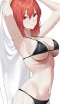  1girl absurdres armpits arms_up bangs bare_arms bare_shoulders bikini black_bikini breasts character_request closed_mouth commentary_request hair_between_eyes halterneck highres holding junkt729 large_breasts looking_at_viewer navel red_eyes red_hair short_hair sidelocks simple_background skindentation smile solo stomach string_bikini swimsuit wet wet_clothes wet_swimsuit white_background 