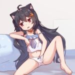  1girl ahoge animal_ears bare_arms bare_legs barefoot bell black_hair blue_bow bored bow bow_panties camisole cat_ears commentary eleven-sora hair_bow hair_ornament hand_in_panties indie_virtual_youtuber jitome leaning_on_object leaning_to_the_side leg_up long_hair looking_to_the_side navel neck_bell noumi_fuurin panties pillow pink_bow red_eyes sitting solo spread_legs strap_slip underwear underwear_only white_camisole white_panties 