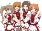  4girls :d ;d ahoge bare_shoulders blue_eyes braid brown_eyes brown_hair closed_mouth clothing_cutout collared_jacket commentary_request crown frilled_sleeves frills hair_between_eyes hakozaki_serika idolmaster idolmaster_million_live! jacket kitazawa_shiho kousaka_umi lockheart long_hair long_sleeves mini_crown multiple_girls one_eye_closed parted_bangs plaid plaid_jacket pleated_skirt puffy_short_sleeves puffy_sleeves re_prologue_x_(idolmaster) red_jacket short_sleeves shoulder_cutout simple_background skirt smile tilted_headwear twintails very_long_hair white_background white_jacket white_skirt wrist_cuffs yabuki_kana 