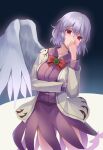  1girl absurdres covered_mouth cowboy_shot dress feathered_wings grey_hair grey_jacket hair_between_eyes highres jacket kishin_sagume koizumo long_sleeves open_clothes open_jacket purple_dress red_eyes short_hair single_wing solo touhou white_wings wings 