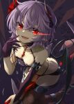  1girl :d akisome_hatsuka asymmetrical_gloves bat_(animal) bat_wings bikini black_bikini black_gloves black_wings breasts chain cleavage demon_girl elbow_gloves fang gloves glowing glowing_eye hair_ribbon halloween_costume horns mismatched_gloves open_mouth purple_hair red_eyes red_nails red_ribbon remilia_scarlet ribbon short_hair small_breasts smile solo swimsuit thighhighs touhou wings 