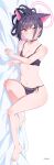  1girl 51likes absurdres animal_ears ass barefoot bed_sheet black_bra black_choker black_hair black_panties blue_archive blush bra breasts cat_ears choker cleavage closed_mouth collarbone colored_inner_hair dakimakura_(medium) extra_ears full_body halo highres kazusa_(blue_archive) looking_at_viewer medium_breasts multicolored_hair navel panties pink_hair pink_halo red_eyes short_hair simple_background smile solo underwear underwear_only white_background 