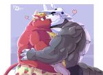 &lt;3 absurd_res aggron anthro blonde_hair blush bovid bovine boxers_(clothing) cattle clothing duo embrace eye_contact fur generation_3_pokemon grey_body hair hi_res horn hug kissing kofu_grizzly_chubby looking_at_another male male/male mammal muscular nintendo pokemon pokemon_(species) pubes red_body red_fur simple_background surprised_expression underwear