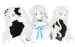  3girls ahoge bare_shoulders black_shirt black_sleeves blonde_hair blue_bow blue_bowtie blue_coat blue_hair bow bowtie brown_eyes character_request chinese_commentary closed_mouth coat collared_shirt commentary_request copyright_request cropped_torso detached_collar frown fur_collar hair_bow hair_bun hair_ornament hair_over_shoulder hair_scrunchie heterochromia high_collar highres long_hair long_sleeves looking_ahead looking_at_viewer multiple_girls off-shoulder_shirt off_shoulder red_eyes ribbon-trimmed_shirt scrunchie shirt simple_background single_hair_bun smile straight-on tiankong_yiji twintails wavy_hair white_background white_shirt 