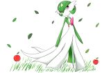  1girl apple arms_at_sides bangs bob_cut closed_mouth colored_skin commentary dot_mouth falling_leaves flat_chest food fruit full_body gardevoir grass green_hair green_skin hair_between_eyes highres leaf looking_at_viewer multicolored_skin outdoors pokemon pokemon_(creature) red_eyes rve shiny shiny_hair short_hair simple_background solo standing two-tone_skin white_background white_skin 