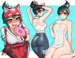  1girl arm_support arms_up artist_name ass bangs black_hair black_pants blush blushyspicy bow breasts brown_eyes brown_hair collarbone covered_nipples doughnut fang food green_background grey_bow hair_between_eyes hair_bow heart heart-shaped_pupils kiriko_(overwatch) large_breasts looking_at_viewer looking_back mask mask_on_head multiple_views naked_towel overwatch pants pout red_mask red_pants shiny shiny_hair shirt short_hair sitting symbol-shaped_pupils teeth tongue tongue_out towel upper_teeth white_shirt 