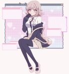  1girl animal_bag black_jacket black_thighhighs brown_hair brown_skirt cat_bag chi_gu danganronpa_(series) danganronpa_2:_goodbye_despair dress_shirt flipped_hair galaga hair_ornament highres jacket long_sleeves medium_hair miniskirt nanami_chiaki neck_ribbon open_clothes open_jacket pink_bag pink_eyes pink_ribbon pleated_skirt ribbon shirt shirt_tucked_in sitting skirt solo thighhighs white_shirt 