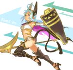  1girl ahoge armpits arrow_(symbol) bad_drawr_id bad_id bandaged_arm bandages black_thighhighs blue_hair breasts brown_eyes cape character_request closed_mouth copyright_request crop_top english_text floating gold_trim hairband headgear holding holding_polearm holding_shield holding_weapon knee_pads long_hair looking_at_viewer oekaki pointy_ears polearm purple_cape shield shirt sidelocks sideways_glance small_breasts solo tail tanaka_pen thighhighs thighs weapon white_background white_shirt 