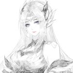  1girl artist_request beads blue_eyes closed_mouth clothing_cutout detached_sleeves douluo_dalu earrings expressionless eyes_visible_through_hair greyscale hair_ornament highres jewelry long_hair monochrome partially_colored qian_renxue_(douluo_dalu) second-party_source sketch solo white_background 