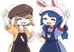  2girls absurdres animal_ears apron arm_up black_apron blonde_hair blue_apron blue_dress blue_hair blush_stickers brown_headwear cabbie_hat closed_eyes dress earclip hat highres kame_(kamepan44231) long_hair multiple_girls open_mouth orange_shirt rabbit_ears ringo_(touhou) seiran_(touhou) shirt short_hair short_sleeves shorts smile touhou yellow_shorts 