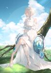  1girl bare_shoulders blue_sky bob_cut brown_eyes closed_mouth cloud commentary_request cumulonimbus_cloud day dress full_body grass grey_hair haruhitooo highres long_sleeves looking_to_the_side original outdoors shield short_hair single_barefoot sitting sky solo white_dress wide_sleeves 