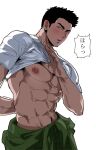  1boy abs absurdres aitanso ao_isami bara bare_pectorals black_hair cowboy_shot facial_hair from_side highres large_pectorals lifted_by_self looking_at_viewer male_focus navel nipples pectorals presenting_pectorals shy sideburns_stubble solo stomach stubble thick_eyebrows toned toned_male translation_request yuuki_bakuhatsu_bang_bravern 