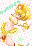  1girl :d adapted_costume alternate_costume bikini blonde_hair boots breasts choker commentary_request cure_pine eyelashes fresh_precure! frills hair_ornament happy high_heel_boots high_heels highres looking_at_viewer magical_girl medium_breasts medium_hair navel open_mouth precure pururun_z side_ponytail smile solo swimsuit wrist_cuffs yamabuki_inori yellow_bikini yellow_eyes yellow_footwear 