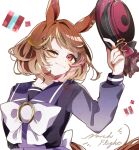  1girl ;) animal_ears boater_hat bow bowtie brown_hair character_name cursive hair_ornament hairclip hat highres holding holding_clothes holding_hat horse_ears horse_girl horse_tail horseshoe_ornament long_sleeves north_flight_(umamusume) one_eye_closed pink_eyes purple_shirt sailor_collar sailor_shirt school_uniform shirt short_hair simple_background smile solo tail tracen_school_uniform tree_est umamusume unworn_headwear upper_body white_background white_bow white_bowtie 