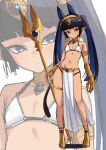  1girl black_hair blue_eyes blue_hair blunt_bangs commentary flat_chest full_body gauntlets hairband highres long_hair looking_at_viewer momendoufu multicolored_hair navel original pelvic_curtain pointy_ears single_bracer single_gauntlet sketch solo staff standing stomach two-tone_hair very_long_hair zoom_layer 