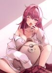  1girl absurdres blush breasts collarbone commentary_request hair_down highres hololive houshou_marine large_breasts long_hair long_sleeves looking_at_viewer mt_mozuku on_bed one_eye_closed open_mouth pajamas pink_pajamas red_eyes red_hair solo stuffed_animal stuffed_toy teddy_bear virtual_youtuber waking_up yawning 