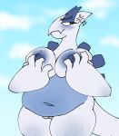 absurd_res annoyed big_breasts blush braix7_(artist) breast_grab breast_squish breasts chubby_belly cloud female generation_2_pokemon genitals hand_on_breast hi_res legendary_pokemon lugia navel nintendo nipples pokemon pokemon_(species) pussy simple_background slightly_chubby slightly_chubby_female solo squish thick_thighs wide_hips
