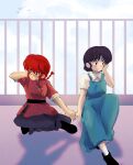  2girls bird black_footwear blush braid braided_ponytail breasts couple fuurinkan_high_school_uniform highres holding_hands multiple_girls plushkaiju ranma-chan ranma_1/2 red_hair school_uniform shadow short_hair socks tendou_akane white_socks yuri 