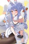  1girl :o animal_ear_fluff animal_ears bare_shoulders black_gloves black_leotard blue_hair blush bow braid breasts carrot carrot_hair_ornament coat_dress don-chan_(usada_pekora) dot_nose food-themed_hair_ornament fur-trimmed_gloves fur_scarf fur_trim gloves gonzaresu143 hair_bow hair_intakes hair_ornament hand_on_own_arm highres hololive leotard long_hair playboy_bunny purple_eyes rabbit-shaped_pupils rabbit_ears rabbit_girl rabbit_tail short_eyebrows small_breasts strapless strapless_leotard symbol-shaped_pupils tail thick_eyebrows twin_braids twintails usada_pekora virtual_youtuber white_bow 