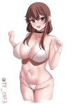  1girl bikini braid breasts brown_hair cowboy_shot green_eyes highres kantai_collection large_breasts long_hair looking_at_viewer noshiro_(kancolle) open_mouth smile swimsuit tf_cafe twin_braids twitter_username white_background white_bikini 