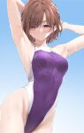  1girl arm_up armpits arms_behind_head arms_up blue_sky breasts closed_mouth collarbone commentary_request day highleg highleg_swimsuit highres higuchi_madoka idolmaster idolmaster_shiny_colors looking_at_viewer medium_breasts mole mole_under_eye one-piece_swimsuit parted_bangs purple_eyes purple_one-piece_swimsuit red_hair short_hair sky solo swimsuit wet wet_clothes wet_swimsuit yd_(orange_maru) 