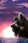anthro arm_on_leg canid canine canis celestial_being cliff cloud dusk feathered_wings feathers fur geno28_(artist) hi_res male mammal nude sitting_on_cliff solo sundown tagme watermark white_body white_feathers white_fur wings wolf