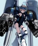  1girl absurdres armor black_leotard blonde_hair blue_archive blue_background blue_eyes blue_halo breasts closed_mouth halo highres leotard long_hair looking_at_viewer power_armor saibashi_(develop_komono) short_hair small_breasts solo thighs toki_(blue_archive) 