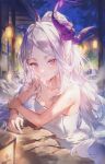  1girl artist_name black_horns blue_archive blush breasts demon_horns grey_hair halo highres hina_(blue_archive) horns kocir long_hair looking_at_viewer multiple_horns naked_towel onsen open_mouth parted_bangs partially_submerged purple_eyes signature small_breasts solo towel upper_body water wet white_towel 