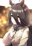  1girl absurdres animal_ears black_hair black_ribbon blurry blurry_background blush border closed_mouth commentary_request dated earrings frilled_shirt frills hair_between_eyes happy_birthday highres horse_ears horse_girl jewelry long_hair long_sleeves manhattan_cafe_(umamusume) multicolored_hair official_alternate_costume puffy_sleeves ribbon ruisuke shirt single_earring smile solo streaked_hair umamusume upper_body white_border white_hair yellow_eyes 