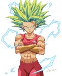  1girl abs absurdres aqua_eyes armlet artist_name bare_arms blonde_hair bracelet bracer breasts collarbone commentary crop_top crossed_arms crosshatching dragon_ball dragon_ball_super earrings eegiiartto english_commentary eyelashes fusion green_hair hatching_(texture) highres jewelry kefla_(dragon_ball) leggings lightning long_bangs looking_to_the_side medium_breasts midriff muscular muscular_female navel open_mouth pants potara_earrings red_pants red_shirt shirt signature simple_background sleeveless solo spiked_hair sports_bra standing super_saiyan super_saiyan_2 tank_top tight_clothes toned upper_body v-shaped_eyebrows white_background 