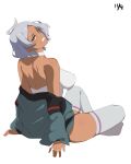  1girl :d ahoge aqua_eyes bare_shoulders breasts choker dark-skinned_female dark_skin dated from_behind full_body grey_hair grey_jacket grey_leotard grey_thighhighs grin gundam gundam_suisei_no_majo highres impossible_clothes impossible_leotard jacket large_breasts leotard long_sleeves looking_at_viewer looking_back no_shoes open_clothes open_jacket parted_lips secelia_dote short_hair simple_background sitting smile solo thighhighs white_background white_choker yu-ta 