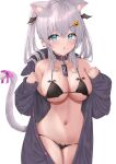  1girl :o animal_ear_fluff animal_ears aqua_eyes bangs bare_shoulders bat_hair_ornament belt_collar bikini black_bikini blush breasts cat_ears cat_tail cleavage coat collar crossed_bangs ear_piercing food-themed_hair_ornament grey_hair hair_ornament hairclip highres large_breasts long_hair looking_at_viewer navel open_clothes open_coat open_mouth original piercing pink_ribbon pumpkin_hair_ornament ribbon solo stomach sweat swimsuit tail tail_ornament tail_ribbon thigh_gap two_side_up uni_ikura white_background 