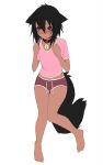 2019 ambiguous_gender animal_humanoid barefoot bell bell_collar black_ears black_hair black_tail blush bottomwear brown_eyes cat_humanoid clothed clothing collar digital_media_(artwork) feet felid felid_humanoid feline feline_humanoid full-length_portrait fully_clothed hair hi_res humanoid magenta_clothing male_(lore) mammal mammal_humanoid pink_clothing pink_shirt pink_t-shirt pink_topwear portrait red_bottomwear red_clothing red_collar red_shorts rofortyseven shirt shorts shy simple_background smile solo t-shirt tail topwear white_background wryn_(character)
