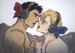  2boys ao_isami black_hair blonde_hair butterfly_hair_ornament couple dark-skinned_male dark_skin ending_song eye_contact face-to-face facial_hair hair_ornament headphones holding_hands interlocked_fingers interracial lewis_smith looking_at_another mad_g00 magnet_(vocaloid) male_focus medium_sideburns multiple_boys nurse sideburns_stubble sketch songover stubble sweatdrop thick_eyebrows yaoi yuuki_bakuhatsu_bang_bravern 