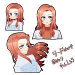  1girl animification apex_legends ashleigh_reid bangs blue_eyes blue_jacket blush breasts brown_sweater expressionless floating_hair frown highres jacket labcoat long_hair looking_to_the_side looking_up medium_breasts multiple_views orange_hair portrait sacchan_(sacchan_18) sketch sweater white_background white_sweater 