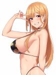  1girl :d absurdres arm_behind_back arm_up bangs bare_shoulders bikini black_bikini black_choker blonde_hair bouhatei_(t-back) breasts choker ear_piercing fingernails floral_print from_side grin highres kitagawa_marin long_fingernails long_hair looking_at_viewer looking_to_the_side nail_polish parted_lips piercing pink_nails print_bikini red_eyes revision simple_background smile solo sono_bisque_doll_wa_koi_wo_suru strap_gap swimsuit v very_long_hair white_background 